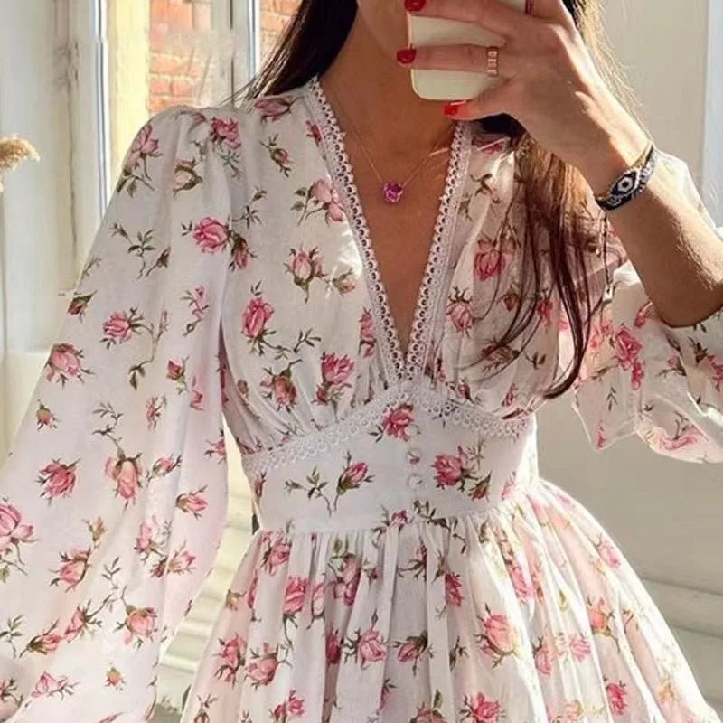2025 Spring Women's Floral Lace Dress: Vintage - Inspired V - Neck Mini with Cinched Waist & Tencel Blend for Garden Parties - PratSN