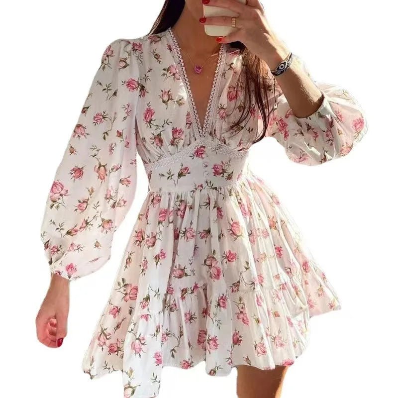 2025 Spring Women's Floral Lace Dress: Vintage - Inspired V - Neck Mini with Cinched Waist & Tencel Blend for Garden Parties - PratSN