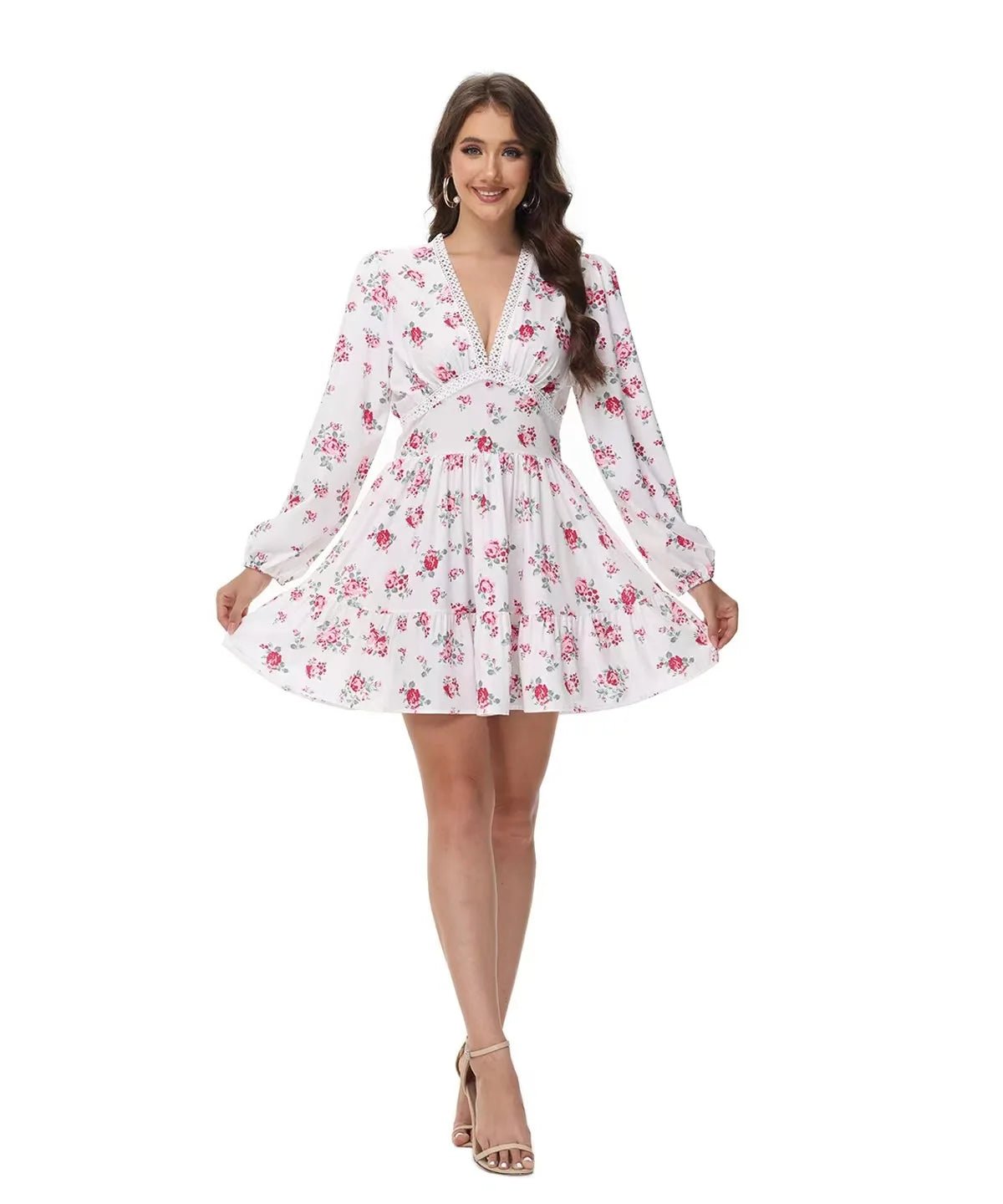 2025 Spring Women's Floral Lace Dress: Vintage - Inspired V - Neck Mini with Cinched Waist & Tencel Blend for Garden Parties - PratSN