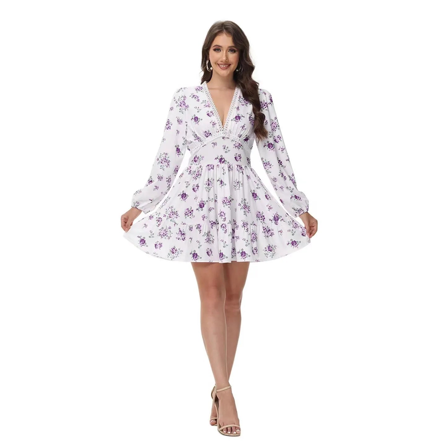2025 Spring Women's Floral Lace Dress: Vintage - Inspired V - Neck Mini with Cinched Waist & Tencel Blend for Garden Parties - PratSN