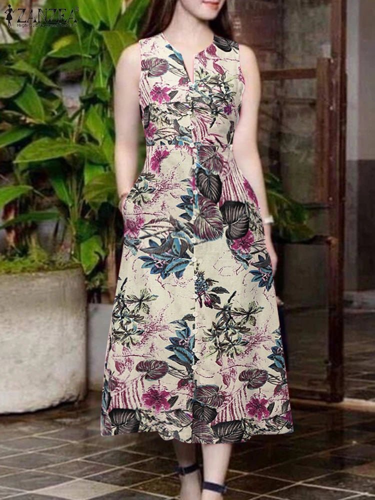 2025 Summer Dress ZANZEA Women Bohemain Printed Midi Sundress Casual V Neck Sleevelesss Holiday Party Vestidos Kaftan Robe Femme - PratSN
