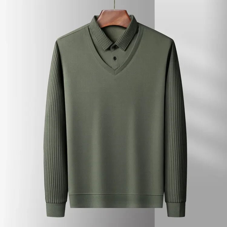 2025 Two Fake Collar Mens Daily Casual Tee Long Sleeve Sweatershirt Pullover Tops Lapel Polo Tee - PratSN