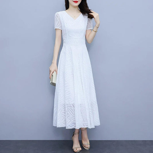 2025 White Chiffon Casual Beach Long Sundress Women Vintage Elegant Bodycon Party Midi Dress Short Sleeve Night Dress - PratSN