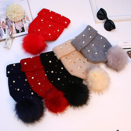 2025 Women Winter Fashion Hat Pompom Balls Cap Pearls Rhinestones Knitted Wool Beanie Casual Outdoor Warm Hats - PratSN