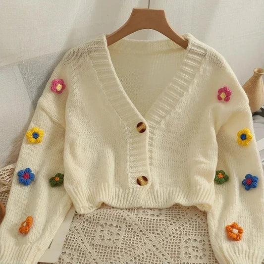 2026 New Spring Autumn Colourful Applique Flower Cardigan For Women Girl Cute Soft Knitwear Long V - neck Knit Crop Sweater - PratSN