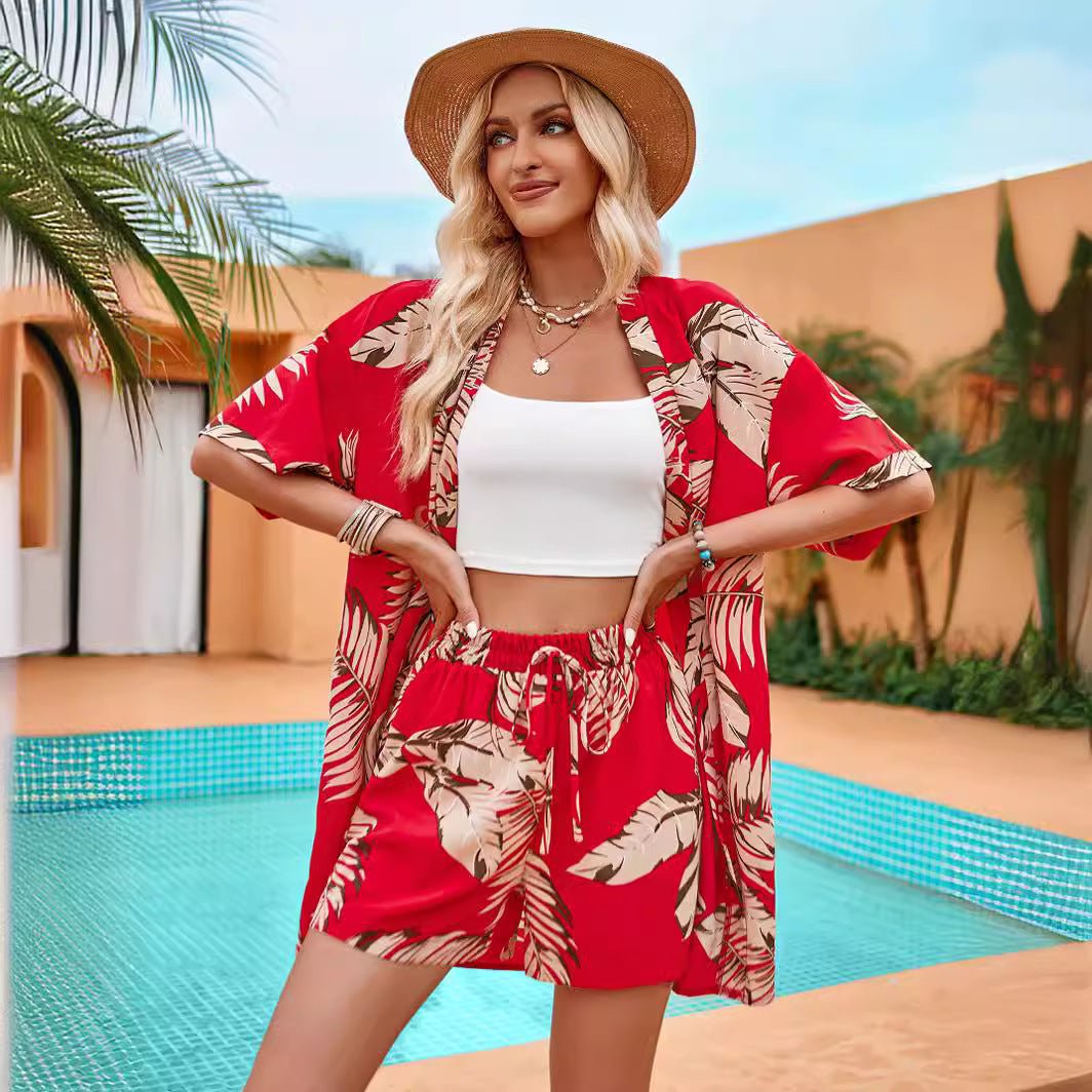 2pcs Casual Holiday Leaves Print Suit Summer Short Sleeve Shirt Top And Drawstring Shorts Sets For Womens Clothing - PratSN