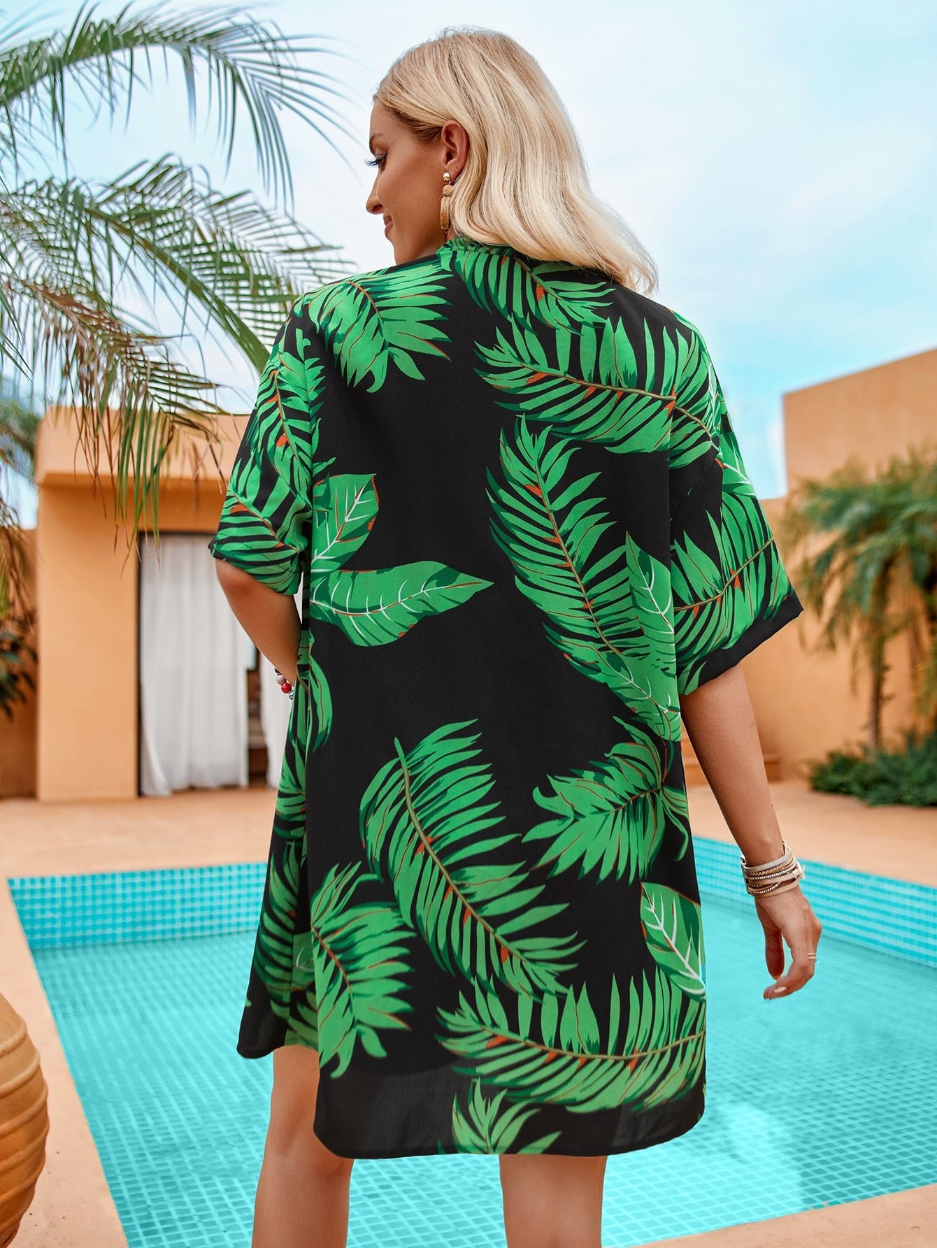 2pcs Casual Holiday Leaves Print Suit Summer Short Sleeve Shirt Top And Drawstring Shorts Sets For Womens Clothing - PratSN