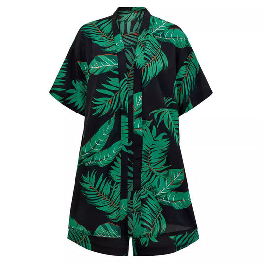 2pcs Casual Holiday Leaves Print Suit Summer Short Sleeve Shirt Top And Drawstring Shorts Sets For Womens Clothing - PratSN