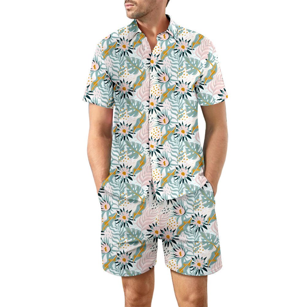 2Pcs Printed Beach Shirt Summer Suit Loose Lapel Button Top And Drawstring Pockets Shorts Casual Short Sleeve Suits For Men Clothing - PratSN