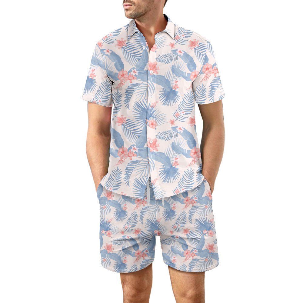 2Pcs Printed Beach Shirt Summer Suit Loose Lapel Button Top And Drawstring Pockets Shorts Casual Short Sleeve Suits For Men Clothing - PratSN