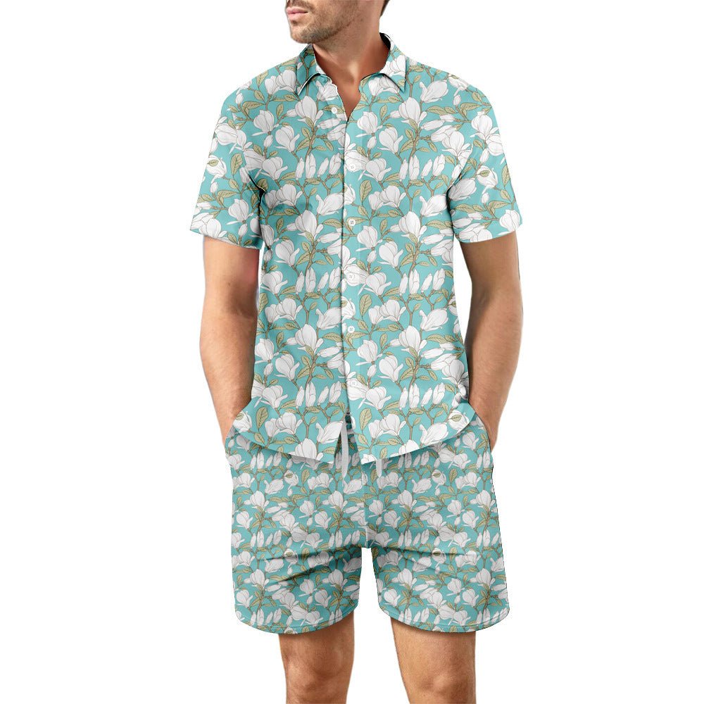 2Pcs Printed Beach Shirt Summer Suit Loose Lapel Button Top And Drawstring Pockets Shorts Casual Short Sleeve Suits For Men Clothing - PratSN