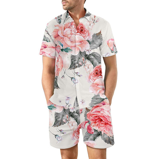 2Pcs Printed Beach Shirt Summer Suit Loose Lapel Button Top And Drawstring Pockets Shorts Casual Short Sleeve Suits For Men Clothing - PratSN