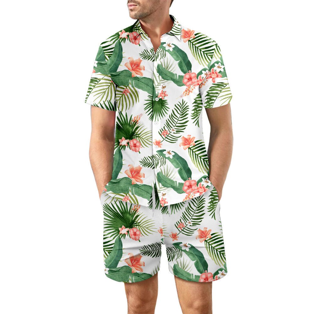 2Pcs Printed Beach Shirt Summer Suit Loose Lapel Button Top And Drawstring Pockets Shorts Casual Short Sleeve Suits For Men Clothing - PratSN