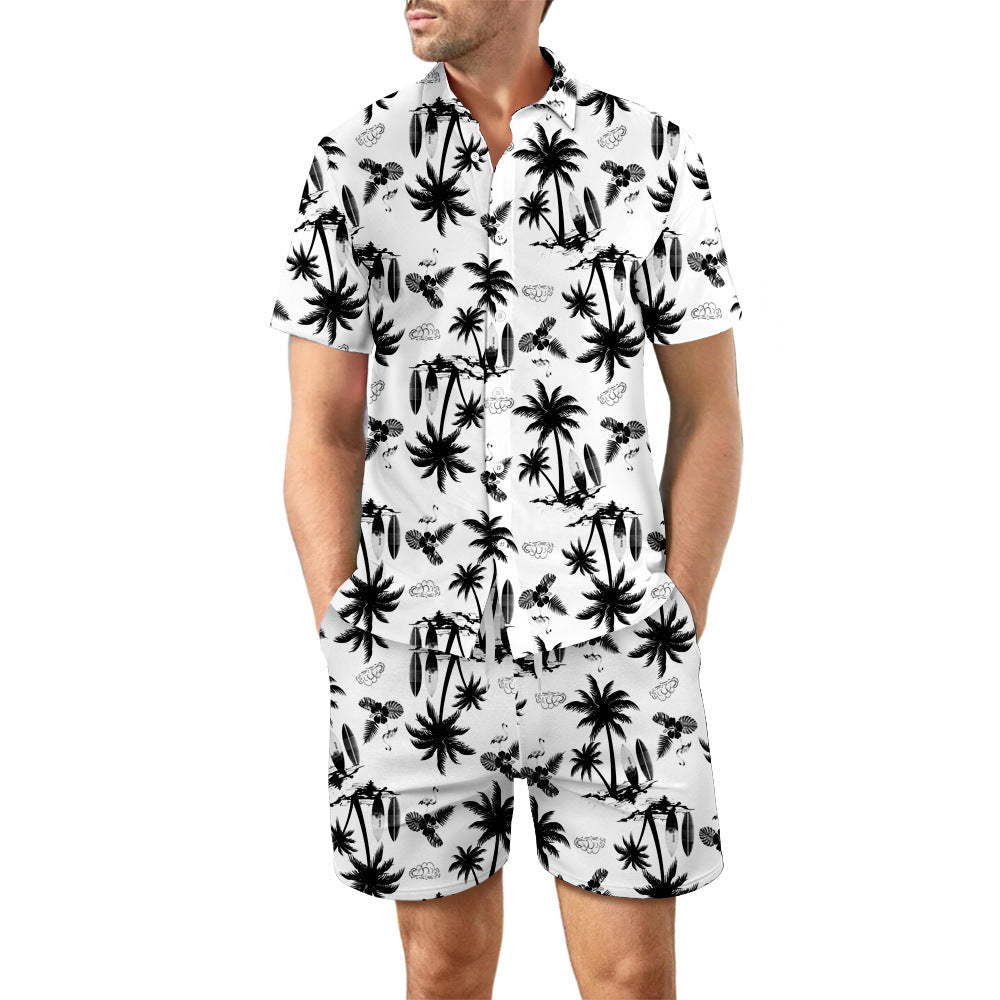 2Pcs Printed Beach Shirt Summer Suit Loose Lapel Button Top And Drawstring Pockets Shorts Casual Short Sleeve Suits For Men Clothing - PratSN