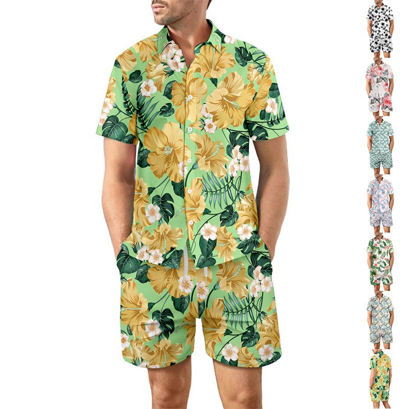 2Pcs Printed Beach Shirt Summer Suit Loose Lapel Button Top And Drawstring Pockets Shorts Casual Short Sleeve Suits For Men Clothing - PratSN