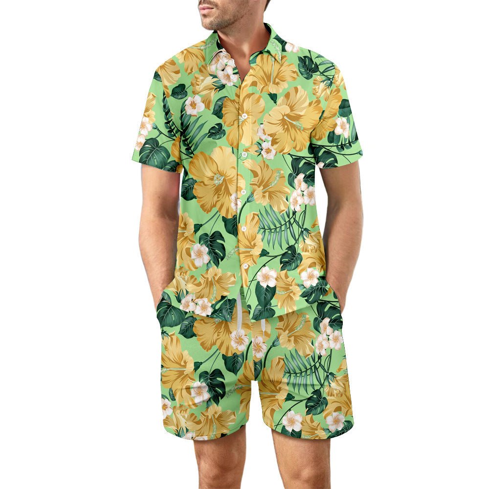 2Pcs Printed Beach Shirt Summer Suit Loose Lapel Button Top And Drawstring Pockets Shorts Casual Short Sleeve Suits For Men Clothing - PratSN