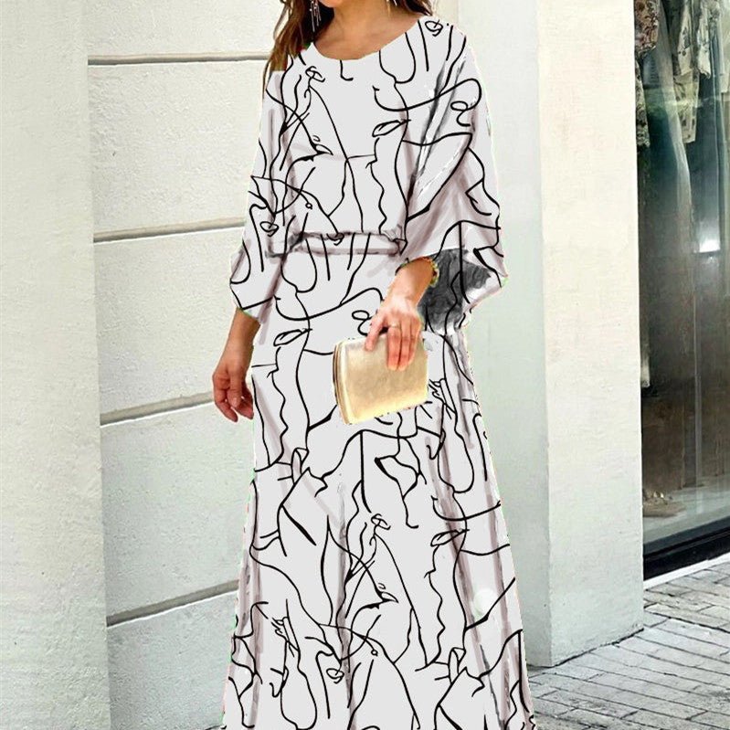 2pcs Women's Dress Suits Fashion Loose Printed Long Sleeve Top And High Waist Long Skirt - PratSN