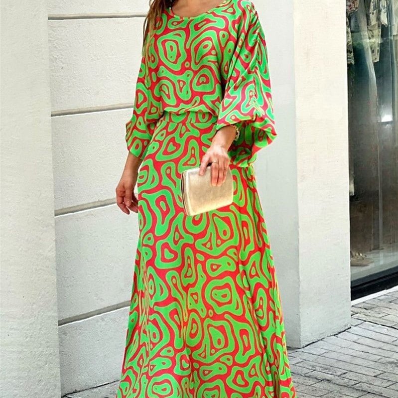 2pcs Women's Dress Suits Fashion Loose Printed Long Sleeve Top And High Waist Long Skirt - PratSN