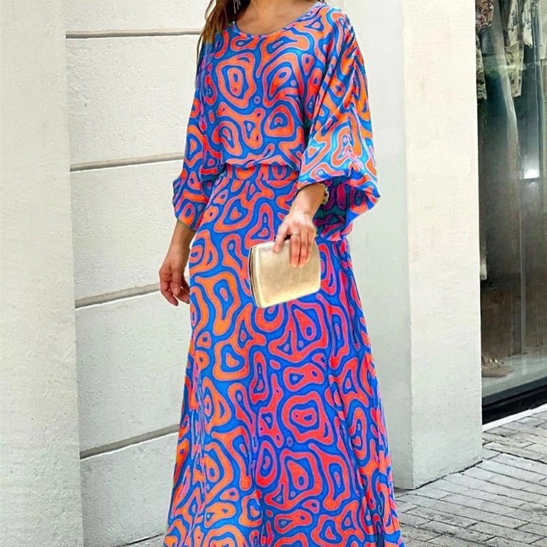 2pcs Women's Dress Suits Fashion Loose Printed Long Sleeve Top And High Waist Long Skirt - PratSN