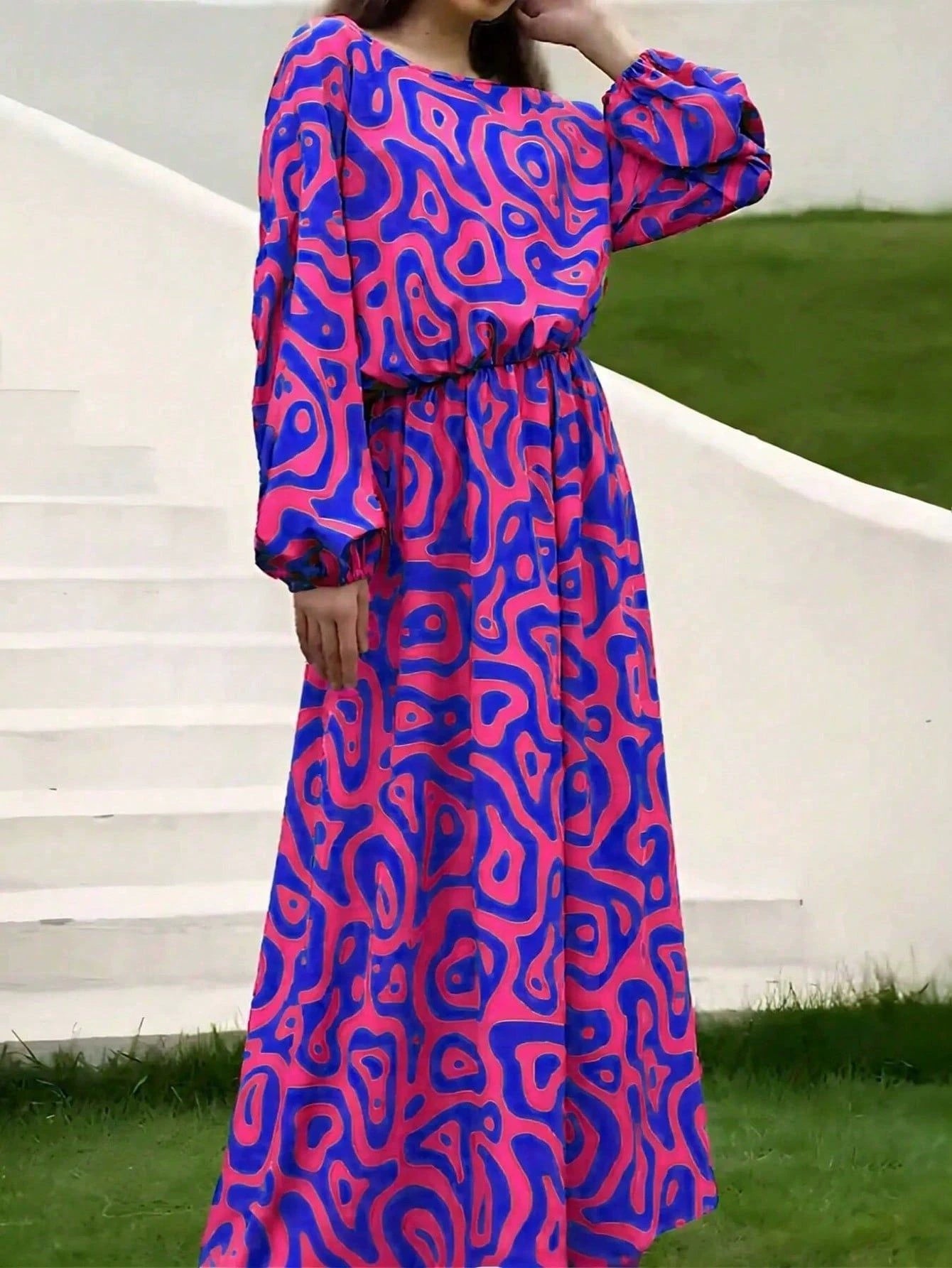 2pcs Women's Dress Suits Fashion Loose Printed Long Sleeve Top And High Waist Long Skirt - PratSN