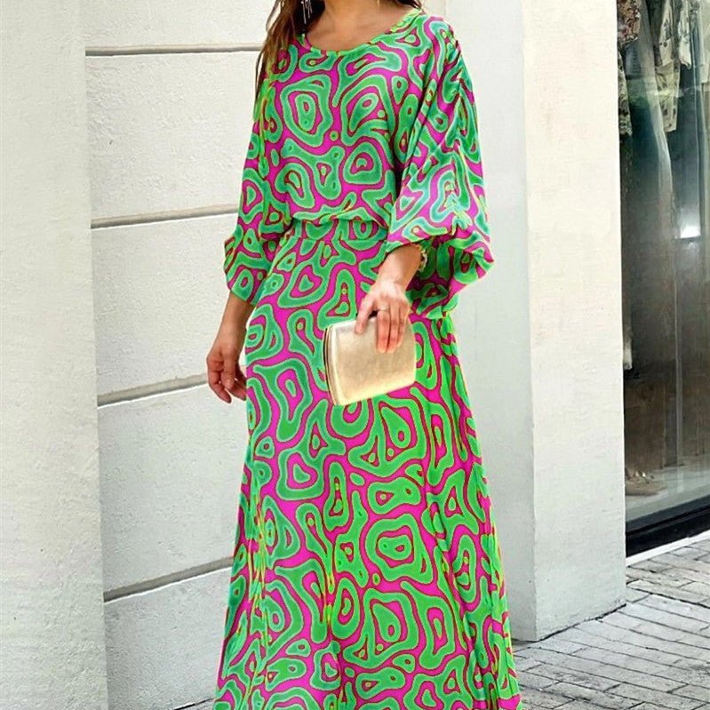 2pcs Women's Dress Suits Fashion Loose Printed Long Sleeve Top And High Waist Long Skirt - PratSN