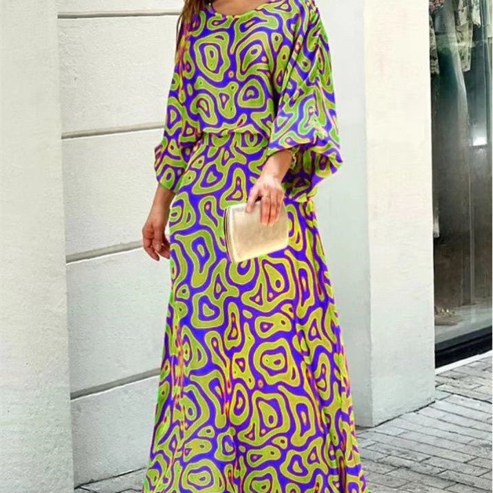 2pcs Women's Dress Suits Fashion Loose Printed Long Sleeve Top And High Waist Long Skirt - PratSN