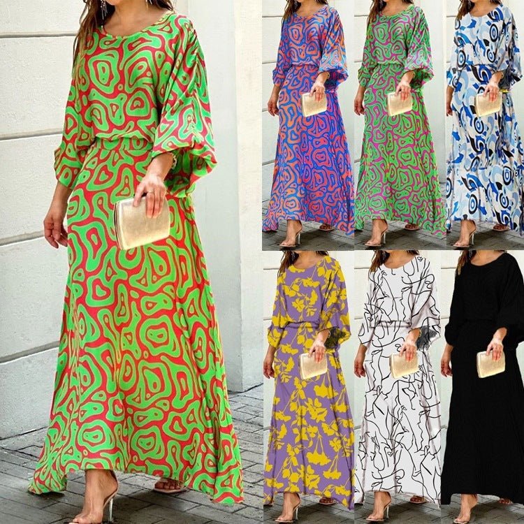 2pcs Women's Dress Suits Fashion Loose Printed Long Sleeve Top And High Waist Long Skirt - PratSN