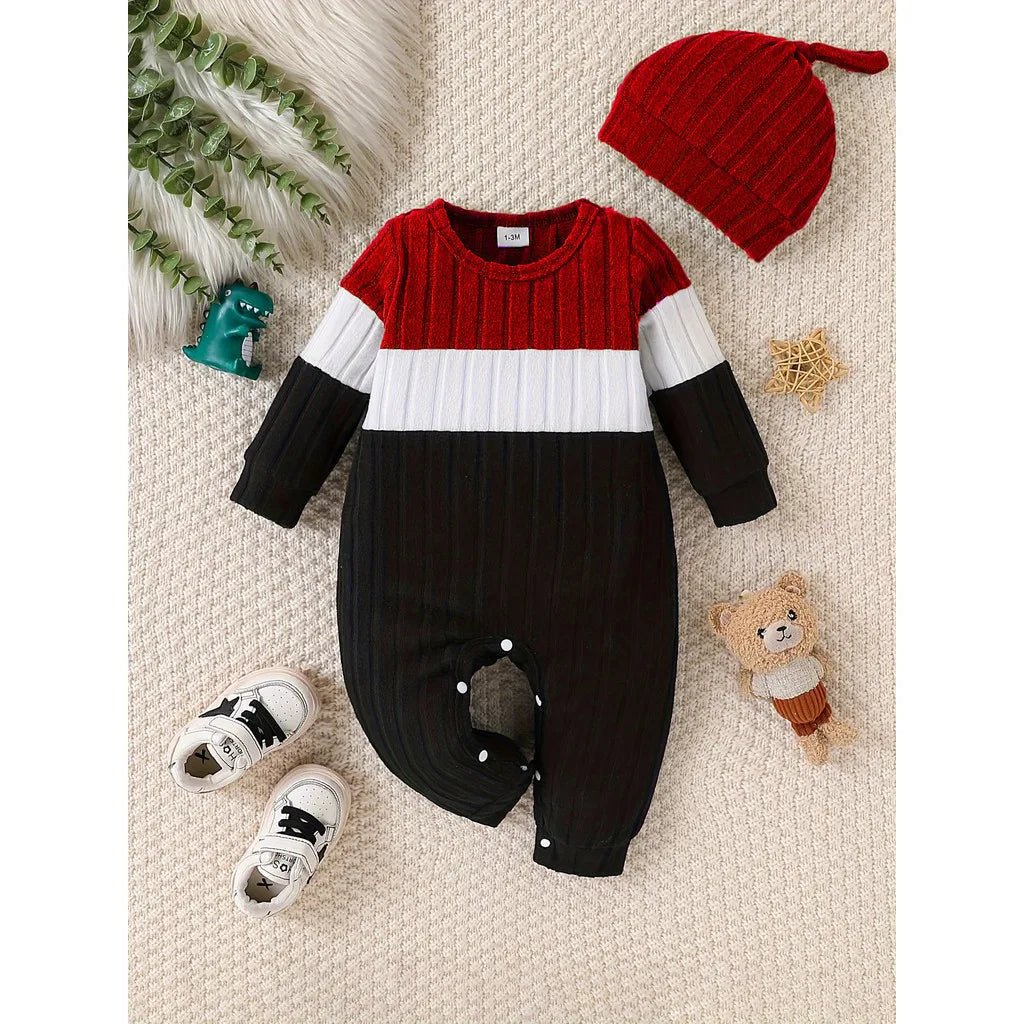 3 Colours Autumn Bodysuits Newborn Baby Boy Long Sleeve Colour Block Romper+Hat Simple Onesie Jumpsuit for Toddlers 1 - 18Months - PratSN