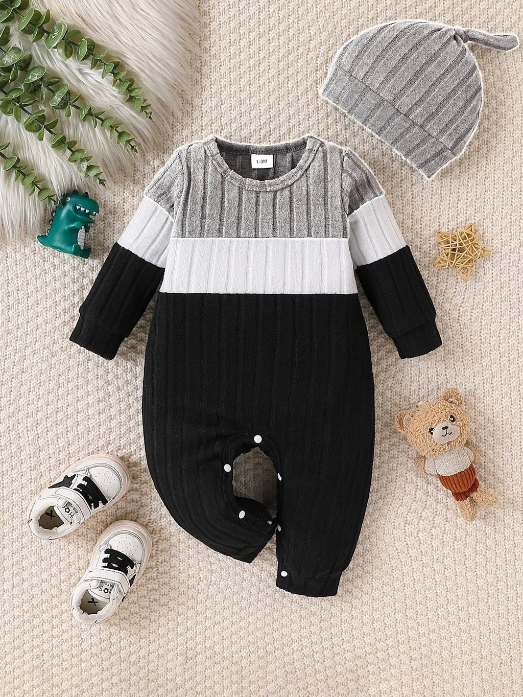 3 Colours Autumn Bodysuits Newborn Baby Boy Long Sleeve Colour Block Romper+Hat Simple Onesie Jumpsuit for Toddlers 1 - 18Months - PratSN