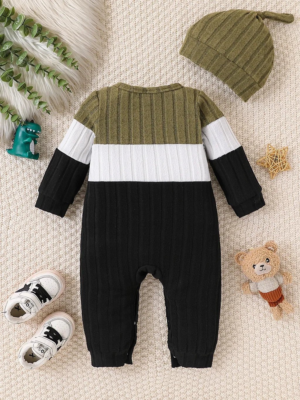 3 Colours Autumn Bodysuits Newborn Baby Boy Long Sleeve Colour Block Romper+Hat Simple Onesie Jumpsuit for Toddlers 1 - 18Months - PratSN