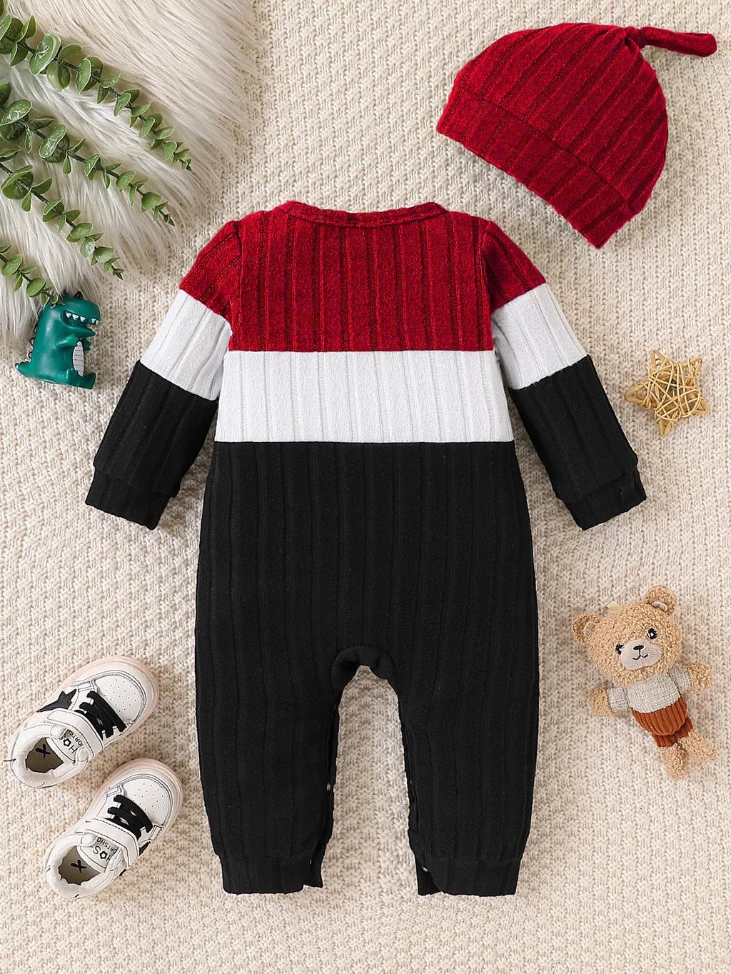 3 Colours Autumn Bodysuits Newborn Baby Boy Long Sleeve Colour Block Romper+Hat Simple Onesie Jumpsuit for Toddlers 1 - 18Months - PratSN