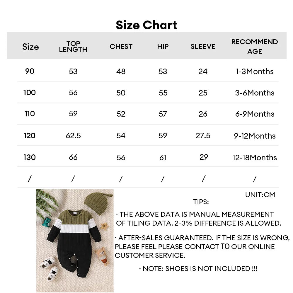 3 Colours Autumn Bodysuits Newborn Baby Boy Long Sleeve Colour Block Romper+Hat Simple Onesie Jumpsuit for Toddlers 1 - 18Months - PratSN