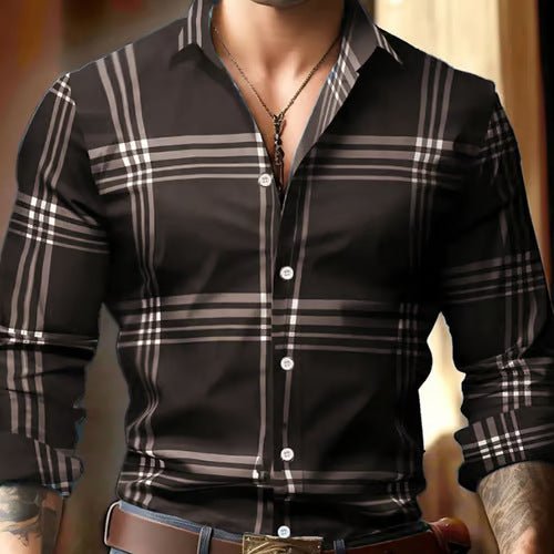 3D Digital Printing Striped Plaid Men's Long Sleeve Shirt - PratSN