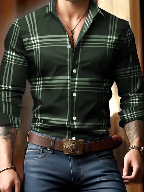 3D Digital Printing Striped Plaid Men's Long Sleeve Shirt - PratSN