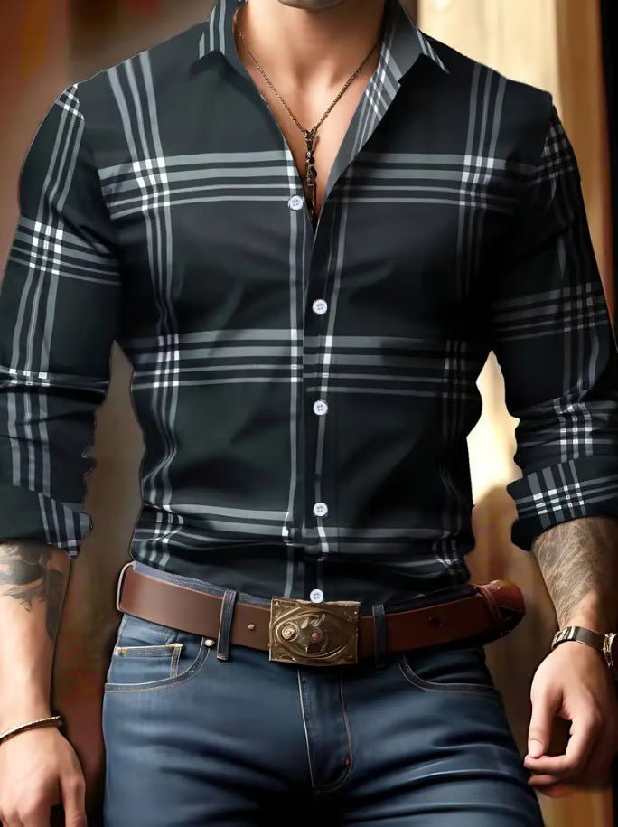 3D Digital Printing Striped Plaid Men's Long Sleeve Shirt - PratSN