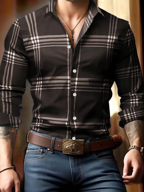 3D Digital Printing Striped Plaid Men's Long Sleeve Shirt - PratSN