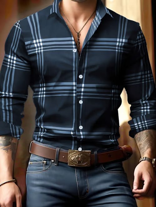 3D Digital Printing Striped Plaid Men's Long Sleeve Shirt - PratSN