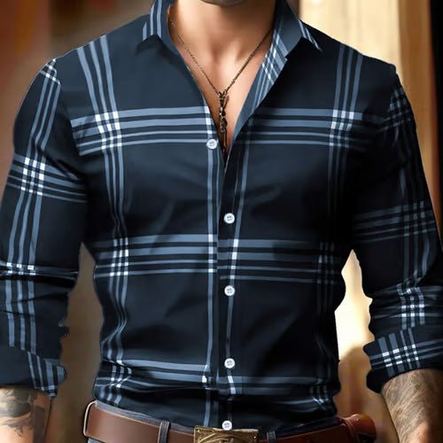 3D Digital Printing Striped Plaid Men's Long Sleeve Shirt - PratSN