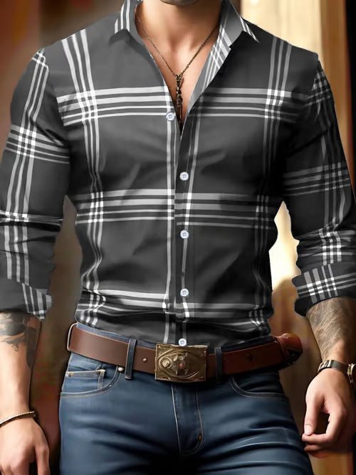 3D Digital Printing Striped Plaid Men's Long Sleeve Shirt - PratSN