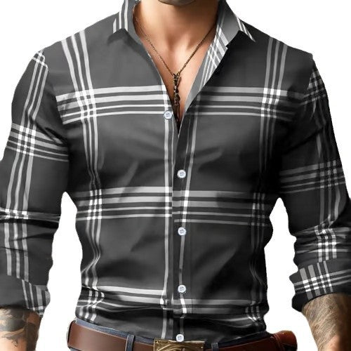 3D Digital Printing Striped Plaid Men's Long Sleeve Shirt - PratSN