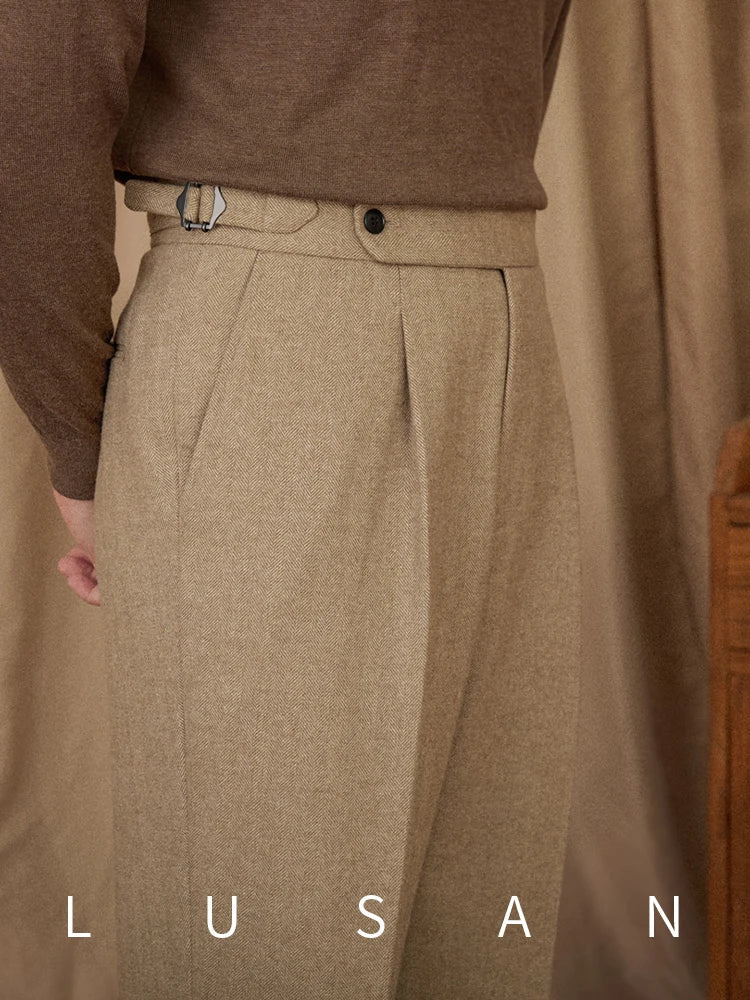 40% Wool Winter Thick Warm Naples Casual High Waist Straight Pants Commuter Retro Men - PratSN