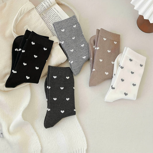 5 Pairs Of High Quality Women'S Growth Socks Heart Print, Polyester And Nylon Blend, Knitted Fabric, Casual Fashion, Deodorant, Cute, No Ironing, The Perfect Choice For Gifts - PratSN