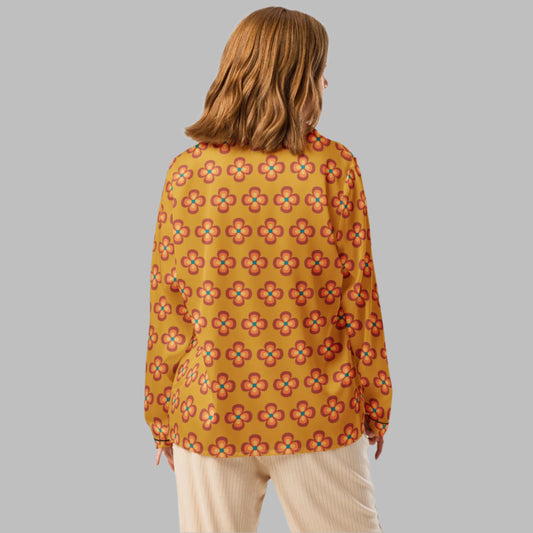 60's style flowers on buttercup background - women’s long sleeve pajama top - PratSN