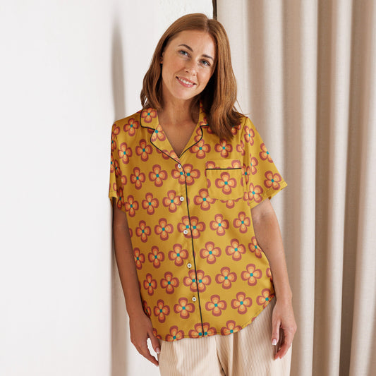 60's style flowers on buttercup background - women’s short sleeve pajama top - PratSN