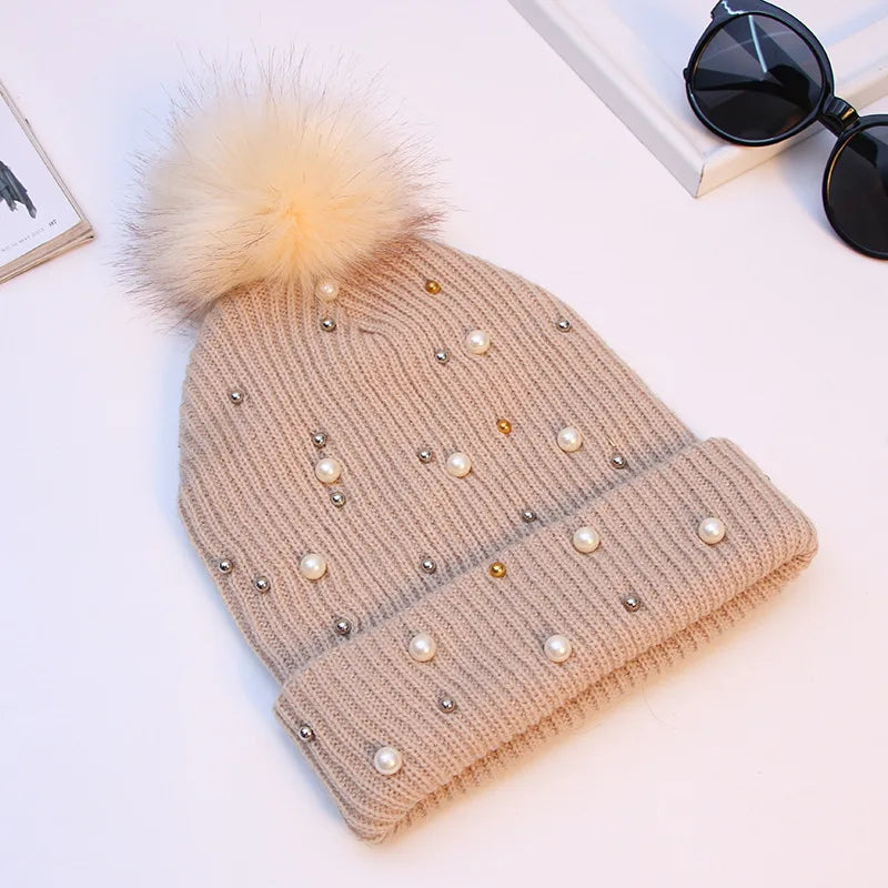 2025 Women Winter Fashion Hat Pompom Balls Cap Pearls Rhinestones Knitted Wool Beanie Casual Outdoor Warm Hats
