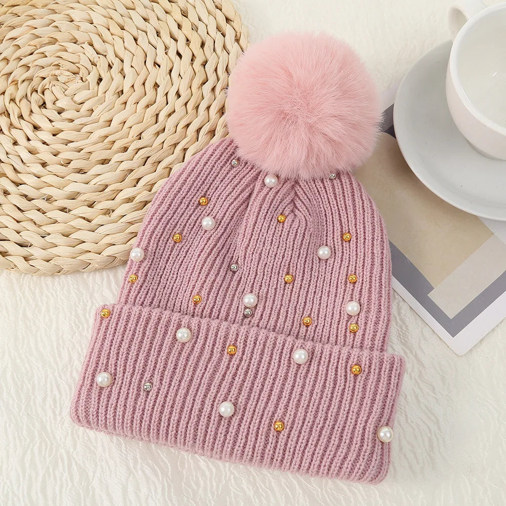 2025 Women Winter Fashion Hat Pompom Balls Cap Pearls Rhinestones Knitted Wool Beanie Casual Outdoor Warm Hats