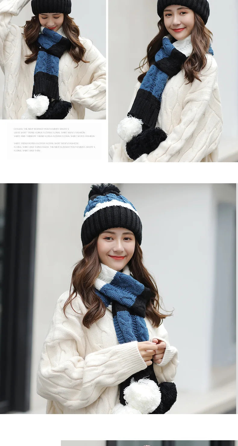 Women's Winter Knit Hat Scarf Two-piece Velvet Beanies Cap Lady Warm Wool Ball Caps Sweet Cute knitted Earmuffs Hats