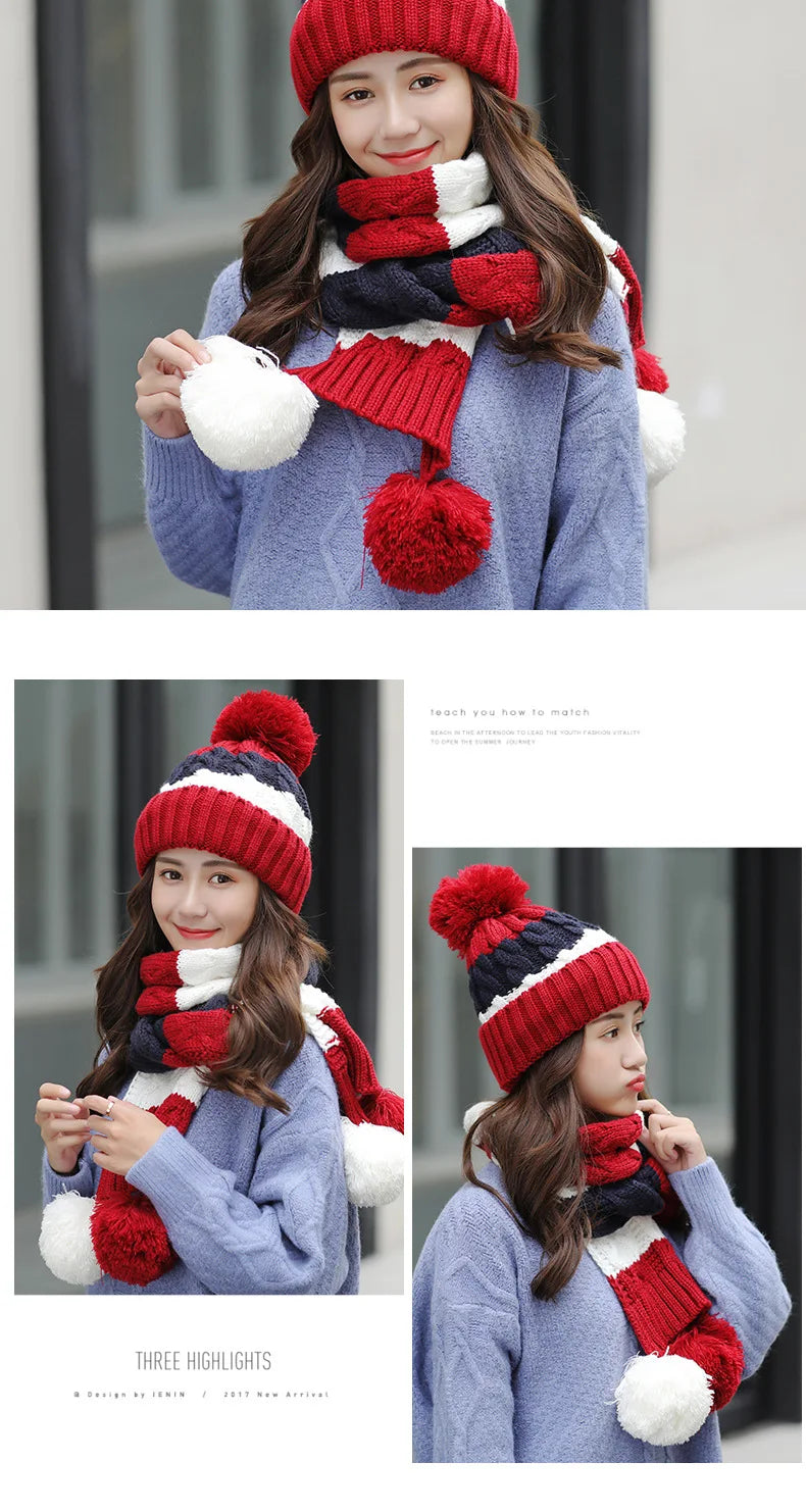 Women's Winter Knit Hat Scarf Two-piece Velvet Beanies Cap Lady Warm Wool Ball Caps Sweet Cute knitted Earmuffs Hats