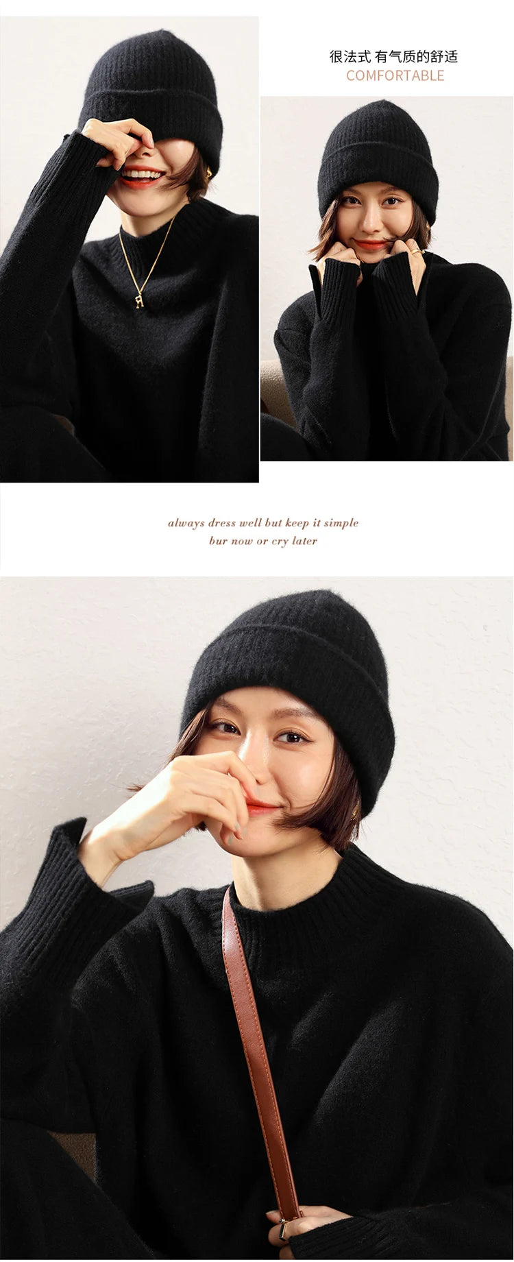 Women's 2025 Autumn Winter Hats 100% Pure Cashmere Knitted Soft Warm Thick Cap High Quality