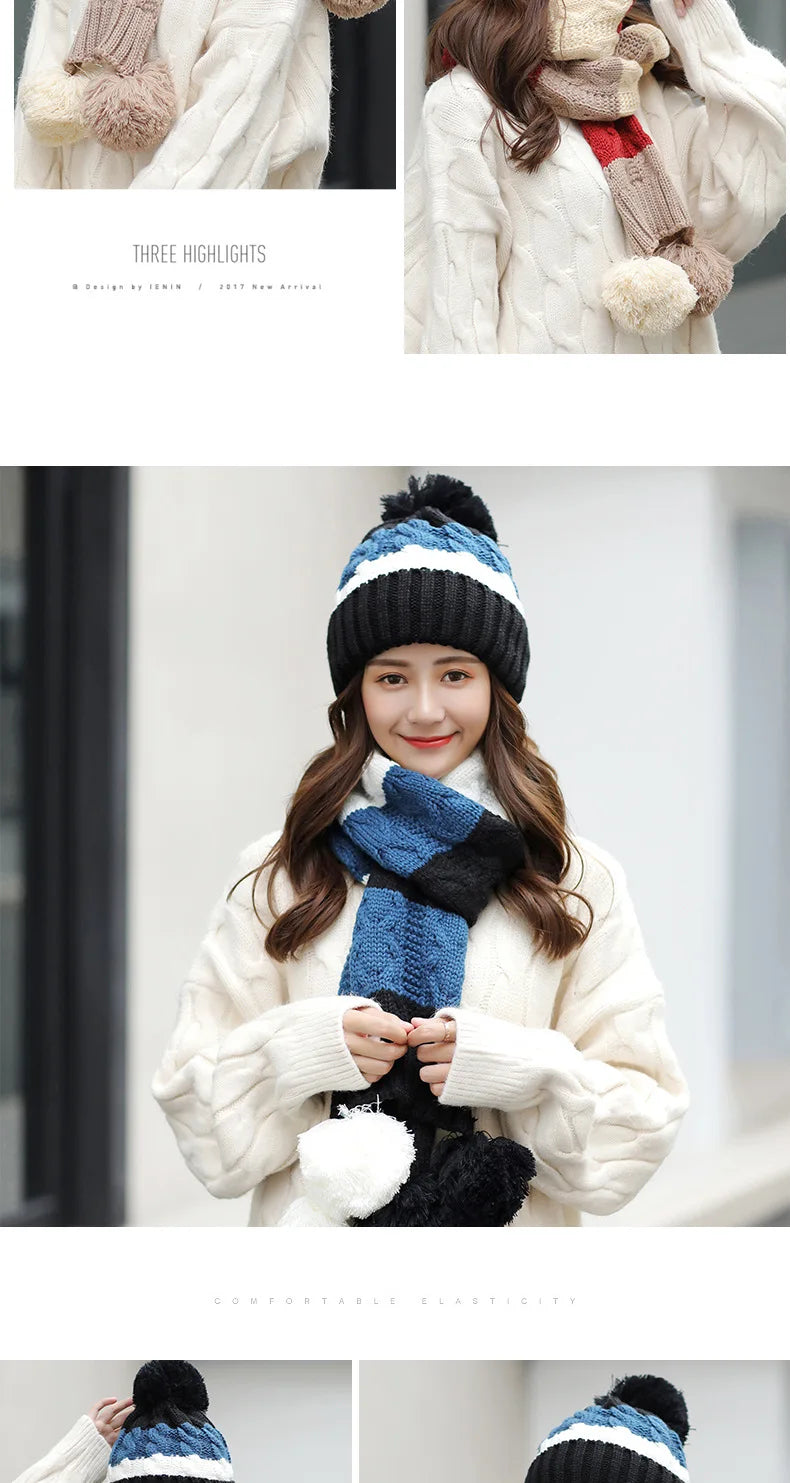 Women's Winter Knit Hat Scarf Two-piece Velvet Beanies Cap Lady Warm Wool Ball Caps Sweet Cute knitted Earmuffs Hats